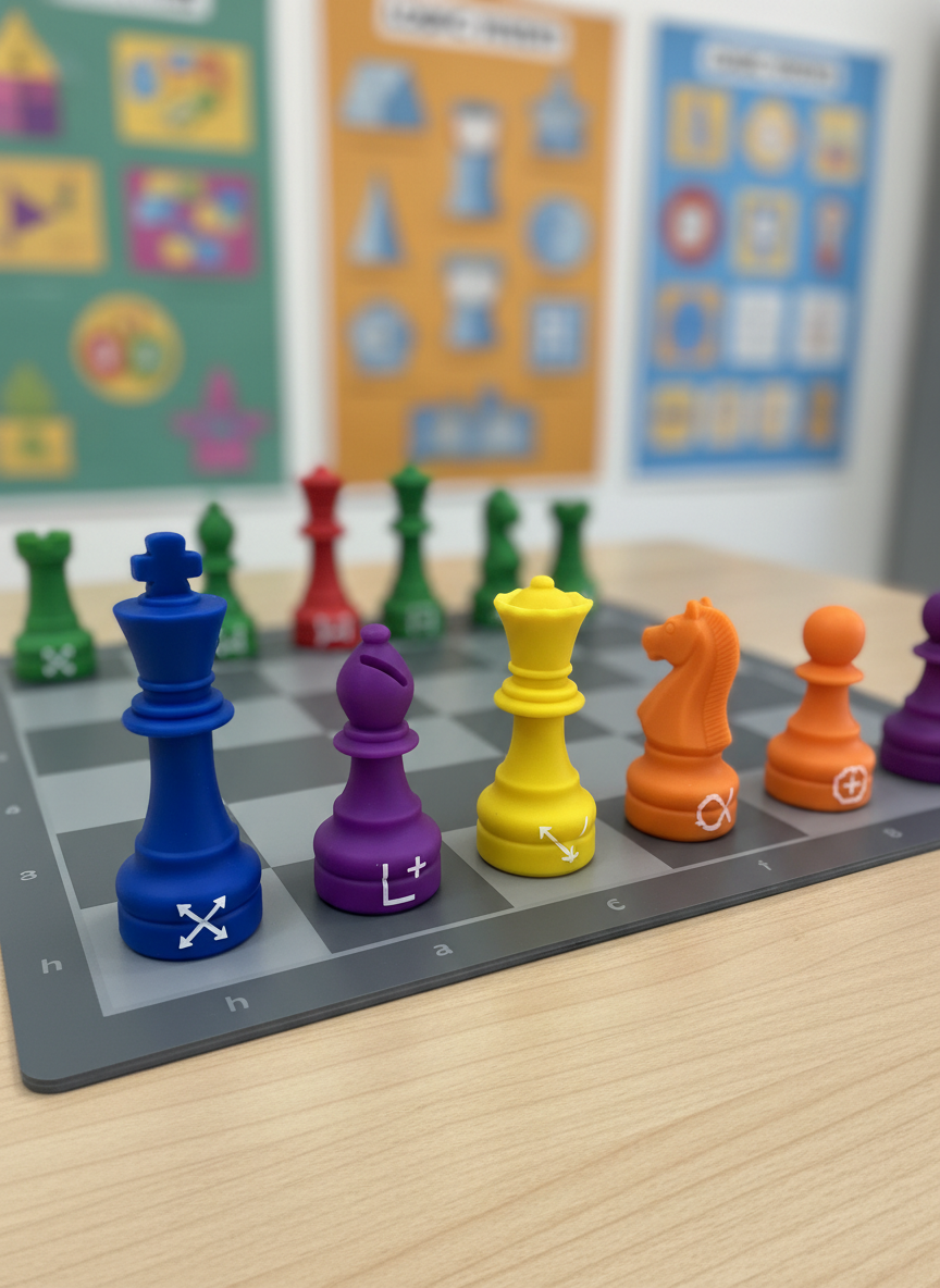 Colorful beginner-friendly chess pieces on a training board in a classroom.