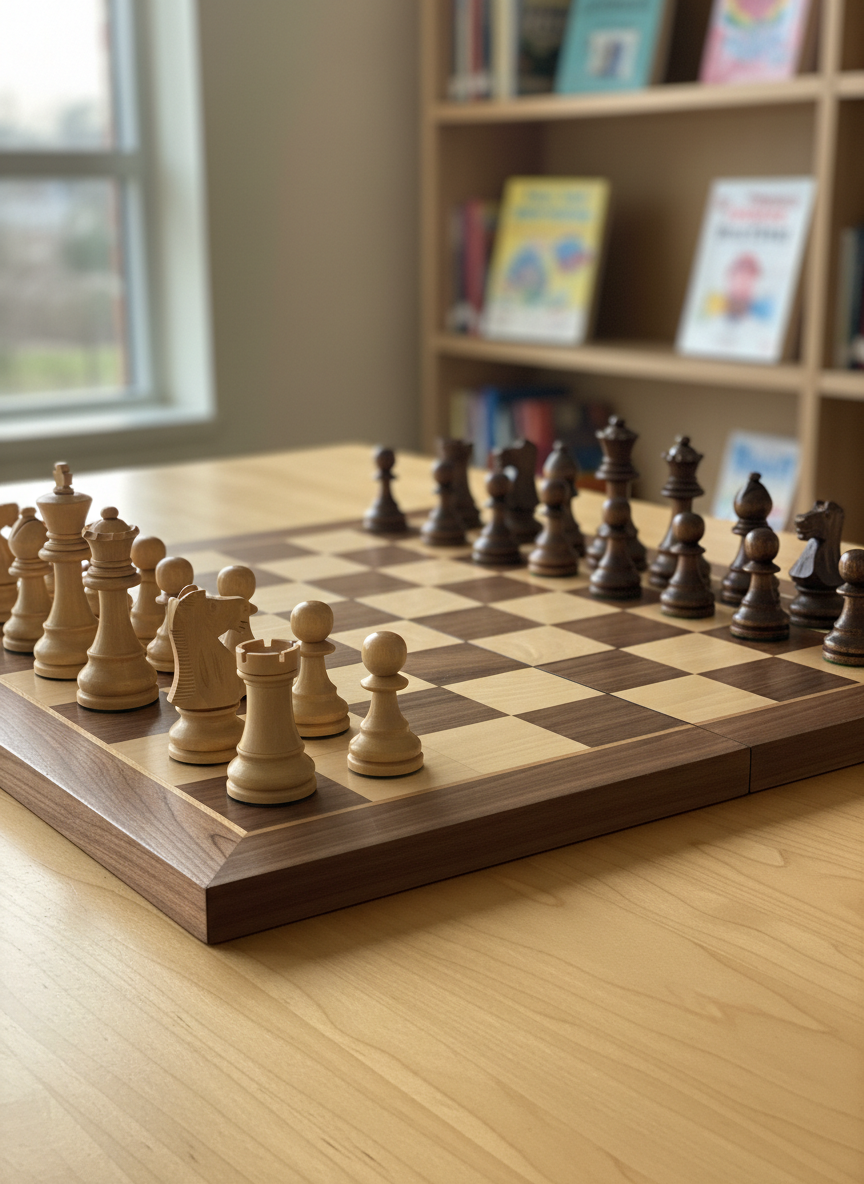 Wooden chessboard set up in a bright community room, pieces in starting position.