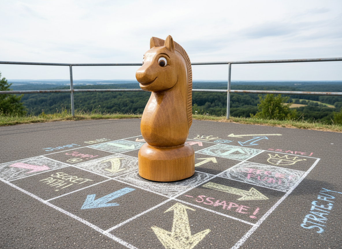 A whimsical, oversized wooden knight chess piece carved with smooth curves and a friendly expression, standing alone on a large square of chalk-drawn pavement “board” on a hilltop playground. Around it, colorful chalk arrows and doodles depict possible moves and fun strategy notes written in playful handwriting. The scene is bathed in bright, diffused afternoon daylight under a lightly overcast sky, creating even, soft shadows. Photographic realism from a low-angle perspective makes the knight feel heroic and approachable. In the background, a simple metal railing and distant treetops are softly out of focus, suggesting an accessible outdoor learning space that turns strategy into an imaginative adventure.