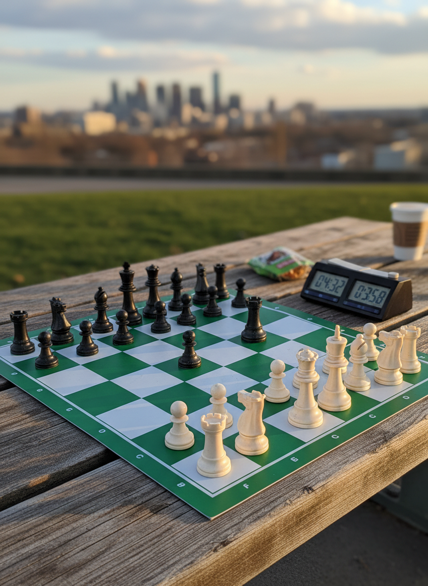 A mid-game chess position on a modern roll-up vinyl board with bold green and white squares, laid out on a sturdy park picnic table atop a small hill overlooking a distant city skyline. The plastic tournament-style pieces are slightly scuffed, showing frequent use, and a digital chess clock sits beside the board, its screen glowing faintly. Late afternoon golden hour light casts long, playful shadows of the pieces across the board, creating drama and depth. Photographic realism from a slightly elevated angle captures the city softly blurred in the background, evoking a sense of outdoor community, persistence, and mental focus in a relaxed, inclusive setting.