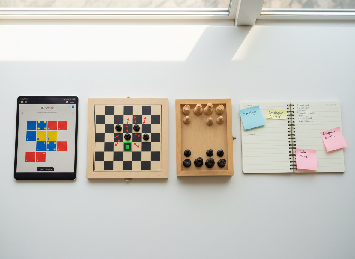 A neat row of different chess training tools arranged on a clean white desk: a sleek tablet displaying a colorful tactics puzzle, a small magnetic demonstration board with arrows and highlighted squares, and a compact travel chess set half set up. Beside them lies a spiral-bound notebook open to a page of handwritten move annotations, and a set of pastel-colored sticky notes marking key ideas. Soft, indirect morning light from a nearby window brightens the scene, producing gentle reflections on the tablet screen. Photographic realism with a top-down bird’s-eye composition and sharp focus throughout creates an organized, inviting atmosphere that emphasizes structured learning, problem-solving, and emotional regulation through study.