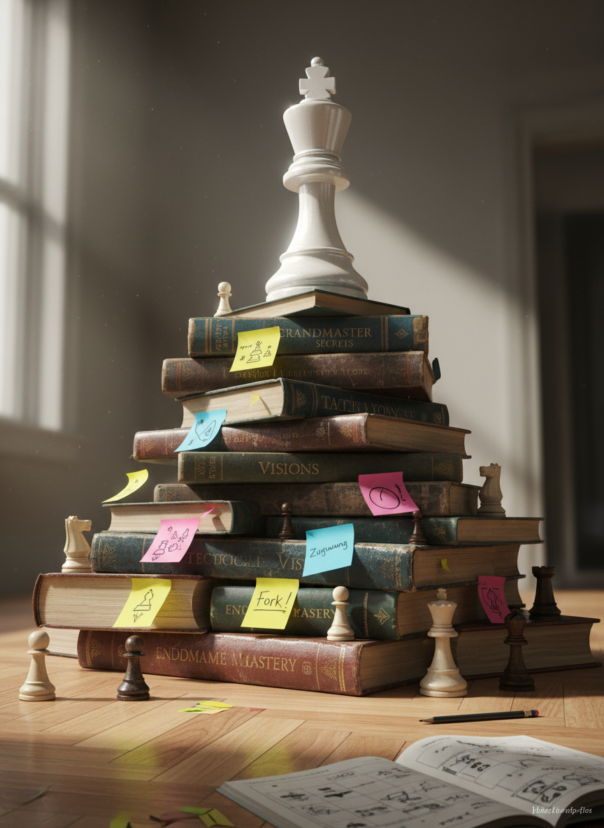 Stacked chess books forming a playful hill with a king on top.