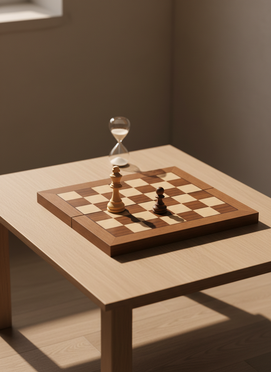 Calm endgame scene with a king and pawn and an hourglass nearby.