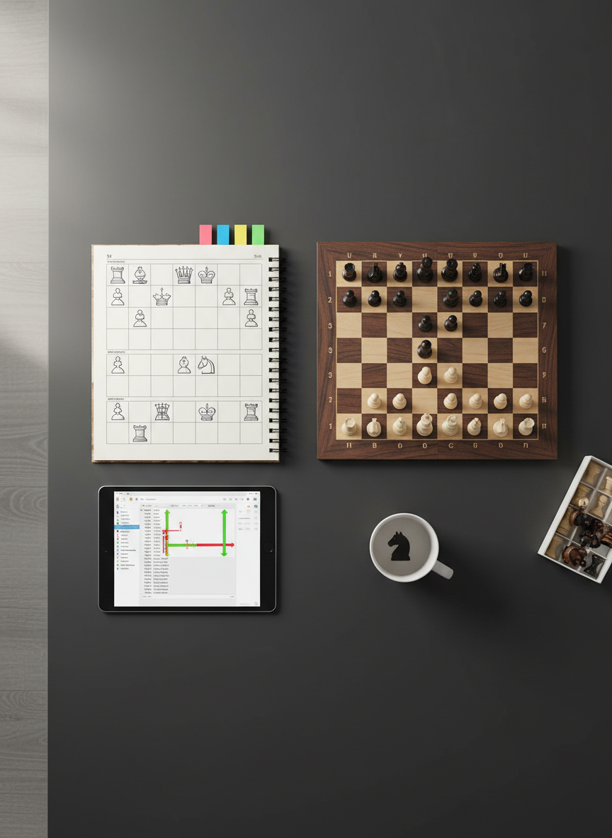A carefully arranged chess curriculum scene on a smooth, dark charcoal desk: a spiral-bound training workbook open to a page of printed chess diagrams, a wooden board set up to mirror one of the positions, and a slim digital tablet displaying an annotated analysis. A small set of color-coded sticky flags marks key chapters, and a clean white mug with a minimalist chess logo sits to the side. Soft, diffused overhead light and gentle ambient daylight from an unseen window create balanced, shadow-free illumination. Shot from an overhead, top-down perspective with crisp focus across the frame, the composition feels organized, methodical, and academically rigorous, ideal for illustrating structured lesson plans and coaching programs.