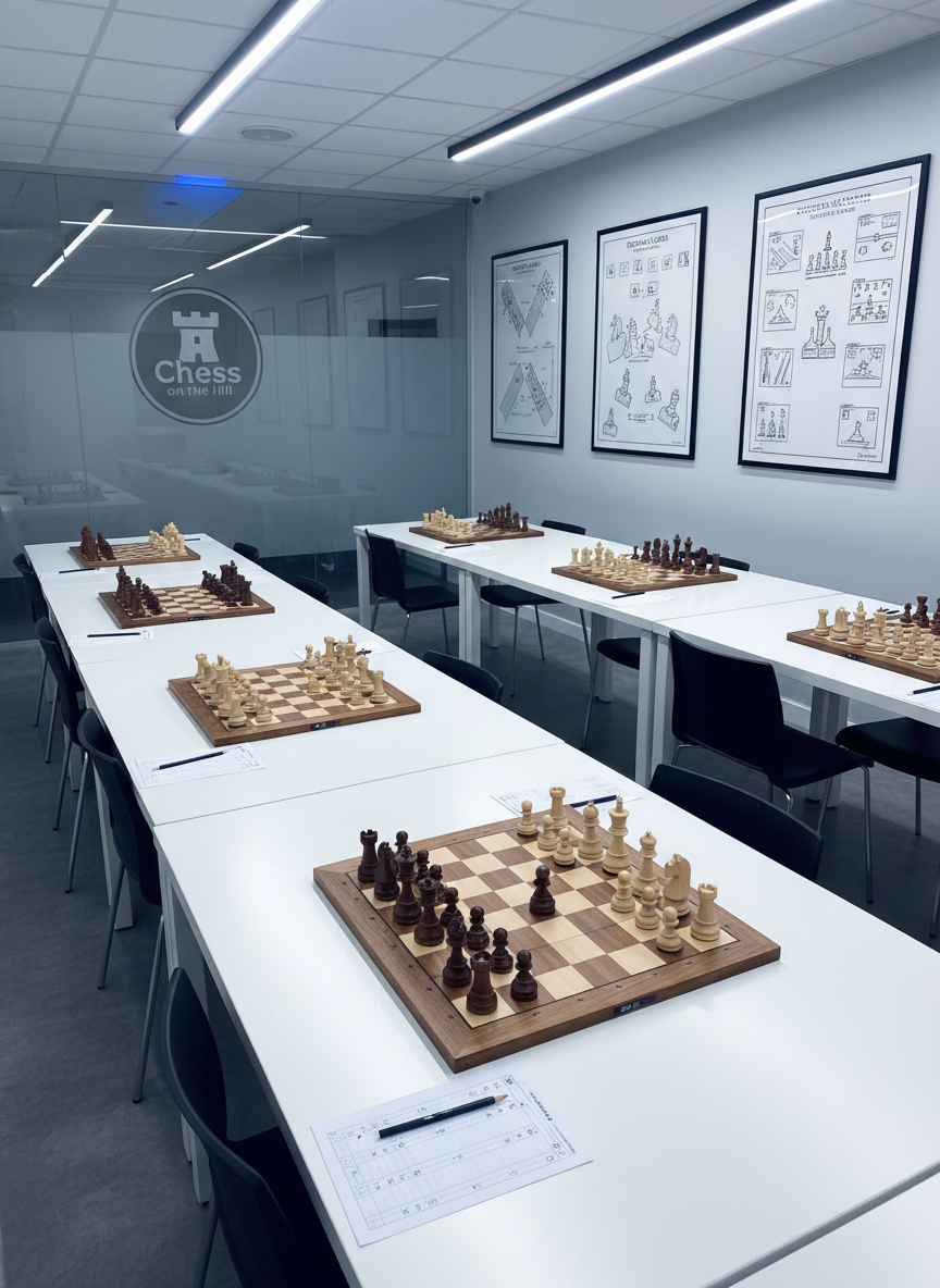 An elevated, wide-angle photographic view of a modern chess training room without people, featuring several high-quality wooden chessboards uniformly arranged on sleek, matte white tables. Each board shows a different instructive middlegame position, with notation sheets and sharpened pencils placed neatly beside them. The room’s walls are adorned with large, framed diagrams of famous chess strategies and a subtle logo for “Chess on the Hill” on a glass panel. Soft, even overhead LED lighting provides clean illumination, minimizing harsh shadows and giving the space a bright, professional feel. The composition uses leading lines from the table edges to draw the eye across the room, projecting an atmosphere of disciplined learning and organized coaching.